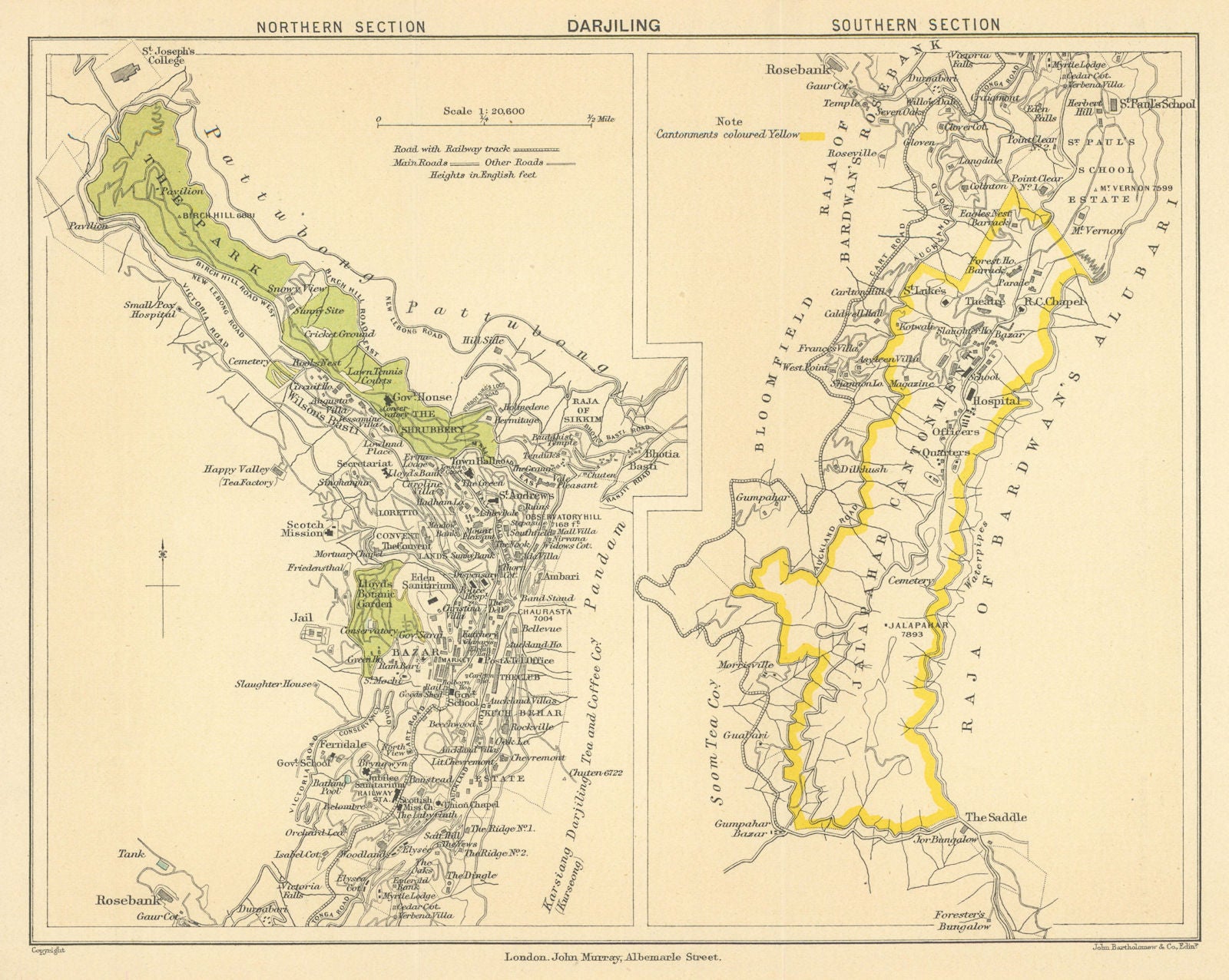 BRITISH INDIA. Darjiling (Darjeeling) town plan.Cantonment.Tea estates 1905 map